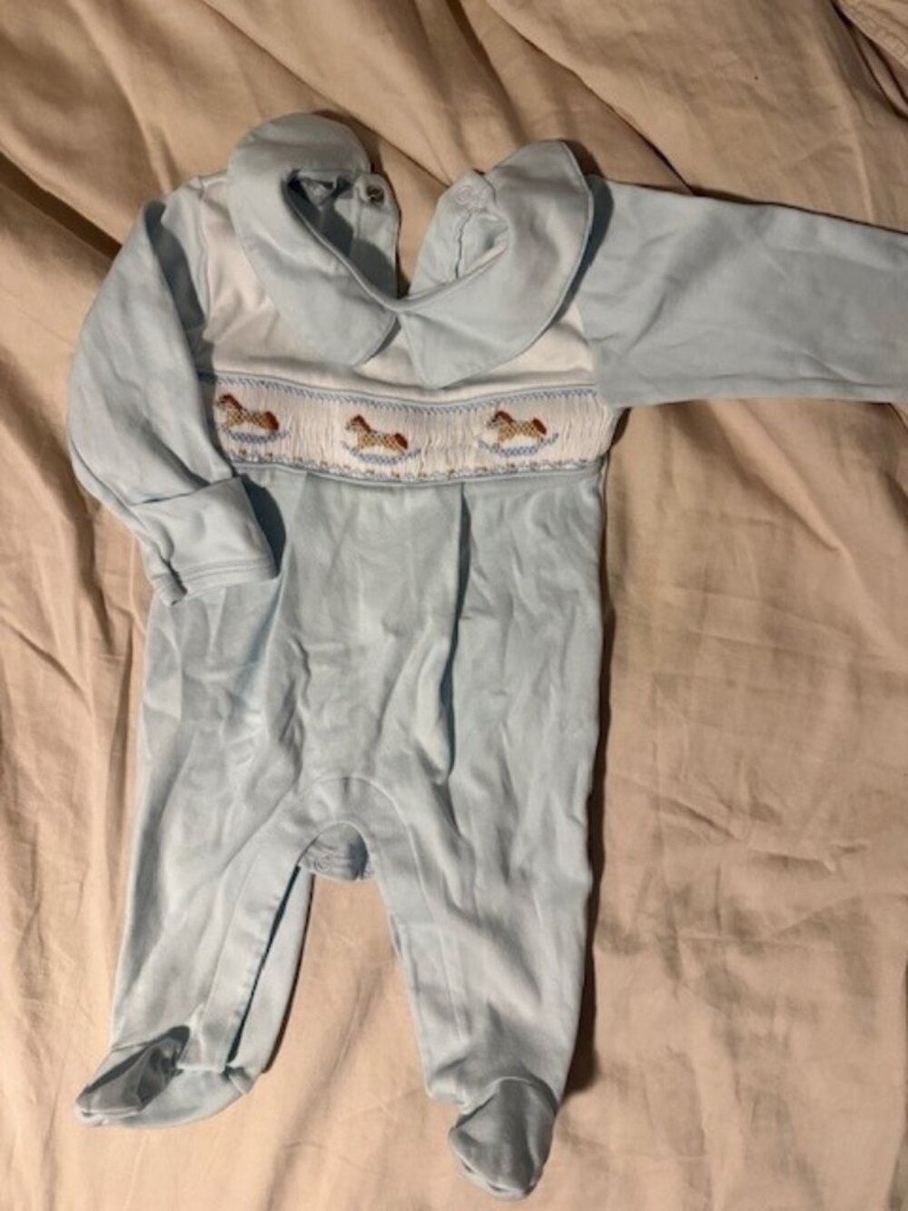 Blue Rocking Horse Hand Smocked Pima Footie